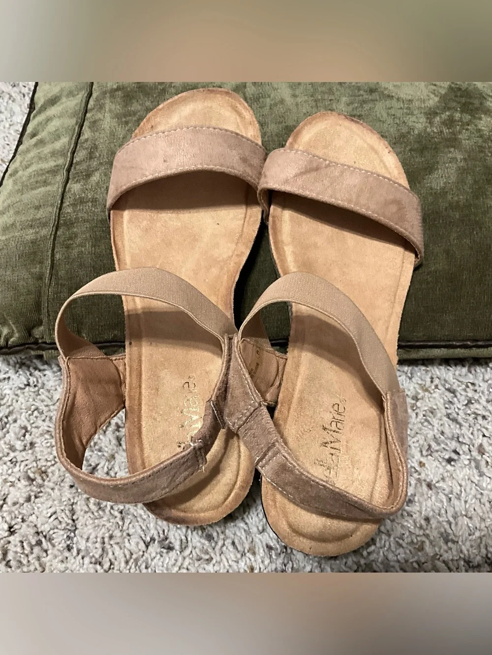 Neutral Taupe Suede Cork Wedge Sandals with Elastic Back
